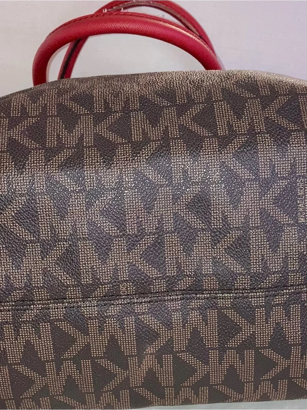 Michael Kors Brown Logo Satchel with Pink-Red Trim